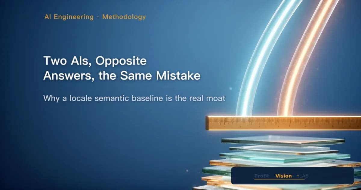 Locale semantic baseline cover: two misaligned light conduits converging on a gold calibration reference bar above stacked glass layers, steel blue and gold, ProfitVision LAB AI Engineering series