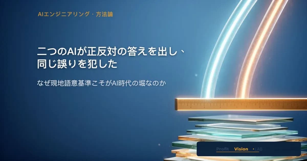 現地語意基準の表紙：整合しない二本の光導管が金色の校正基準バーに収束し、その下にガラス層が積み重なる。スチールブルーと金、ProfitVision LAB AIエンジニアリングシリーズ