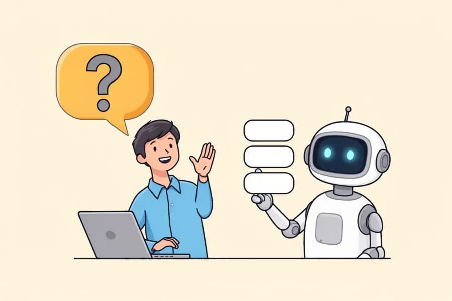 示意圖:買家一邊用筆電一邊向 AI 助理提問,AI 助理手上只拿著四張來源卡片。