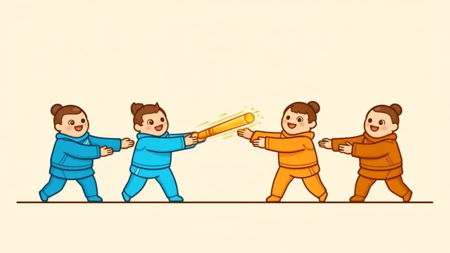 示意圖:一排人正在傳遞發光的接力棒,由藍衣隊伍交棒給琥珀衣隊伍,象徵量測交棒給內容產出。