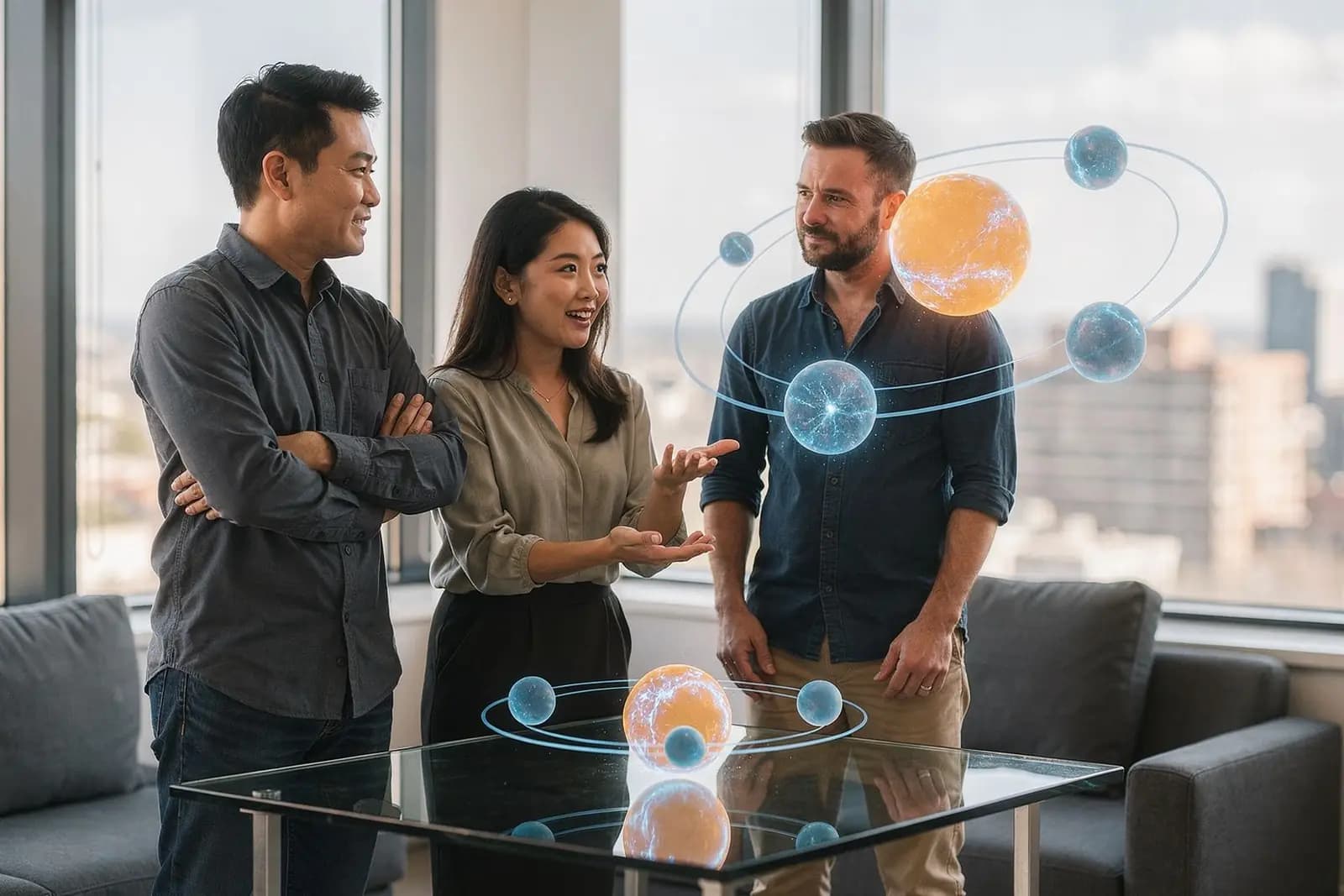 In a night office, three team members talk around a glass table with a holographic projection above it: one amber core sphere with six blue orbs orbiting on rings of light — one core driving six intelligence engines.