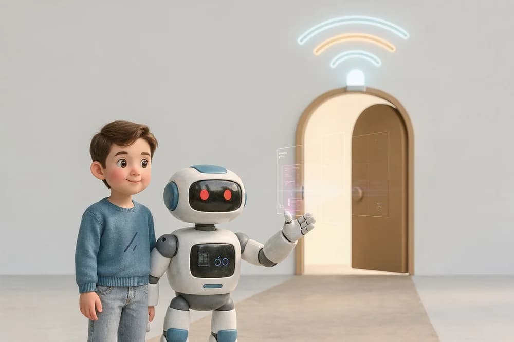 Illustration: a person and a robot stand before a large glowing arched doorway with warm amber light spilling out; the person gestures welcomingly with an open arm, while a signal beacon above emits three outward light arcs.