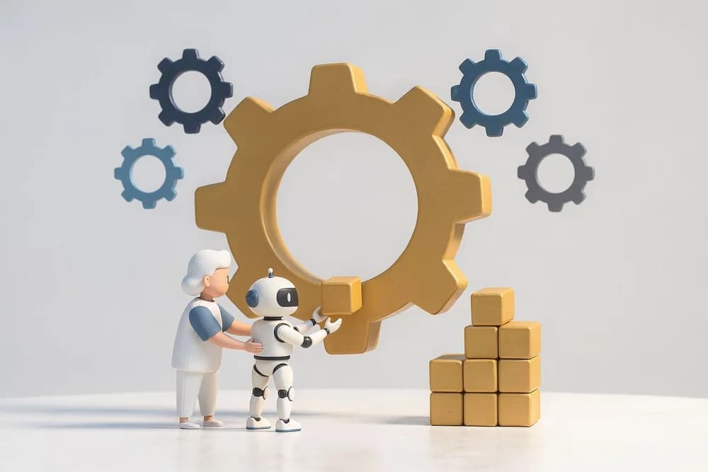 Illustration: one large amber gear turns in the foreground, five smaller ghost-outline gears fade behind it; a person and a robot at its base feed a glowing block into the teeth, which stacks neatly onto a small tower beside it.