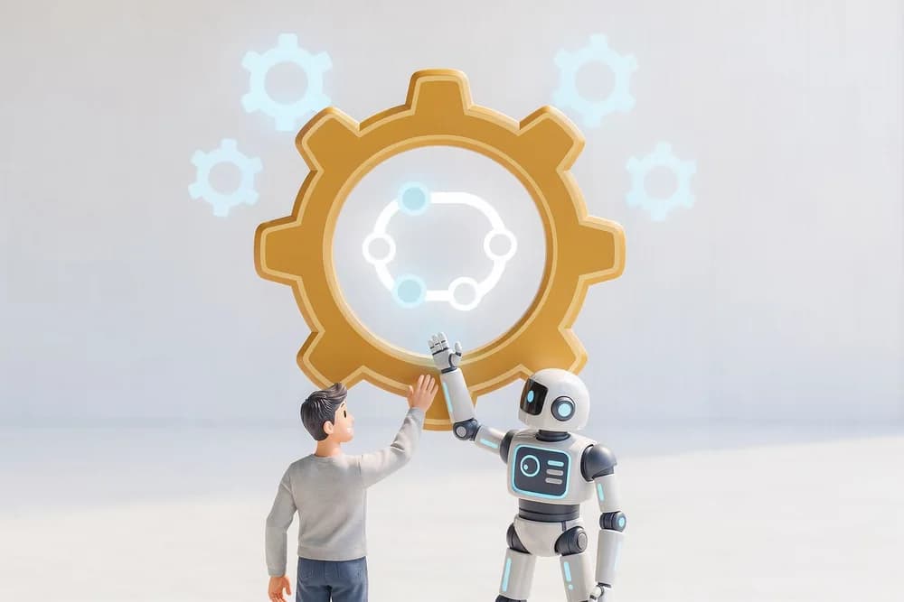 Illustration: a large amber gear glows with connected round nodes closing into a loop at its center; a person and a robot at its base, one connecting the final node with a fingertip.