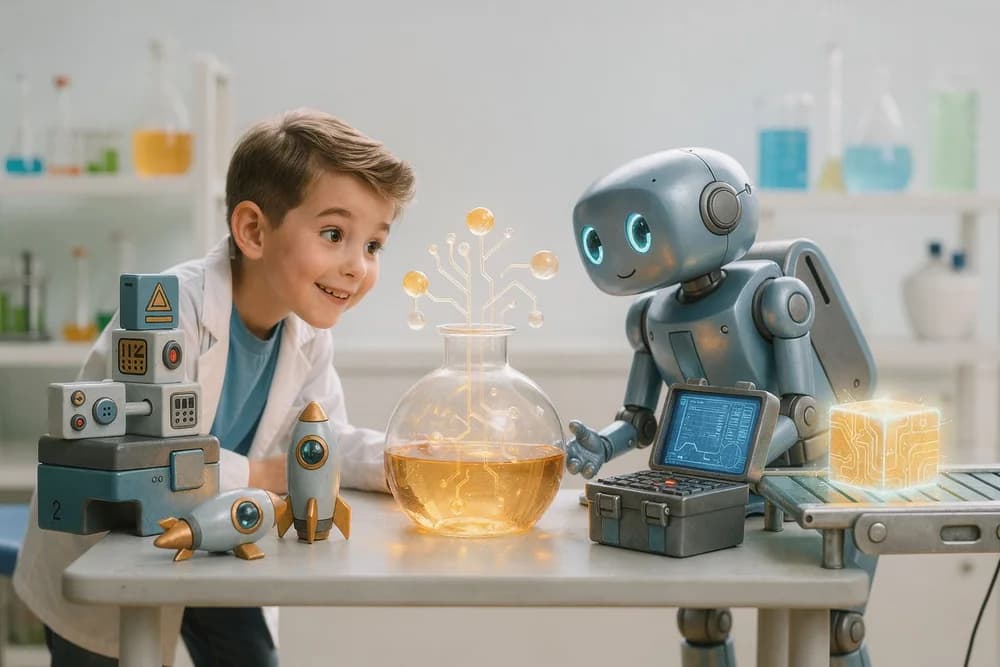 Illustration: in a night lab, a person and a robot examine a glowing circuit-board tree inside a large flask; prototypes and a small rocket sit on the bench as a finished glowing cube rolls out on a conveyor.