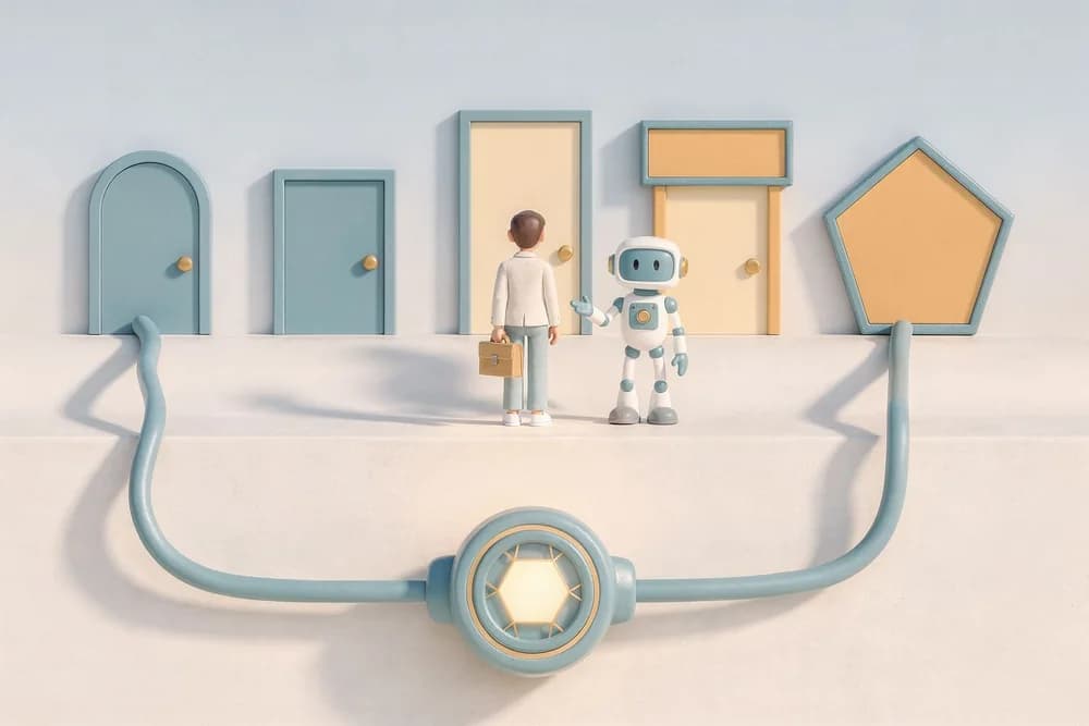Illustration: five glowing doorways of different shapes stand in an arc, all wired underground to one energy core; a person with a briefcase chooses a door while a robot guides.