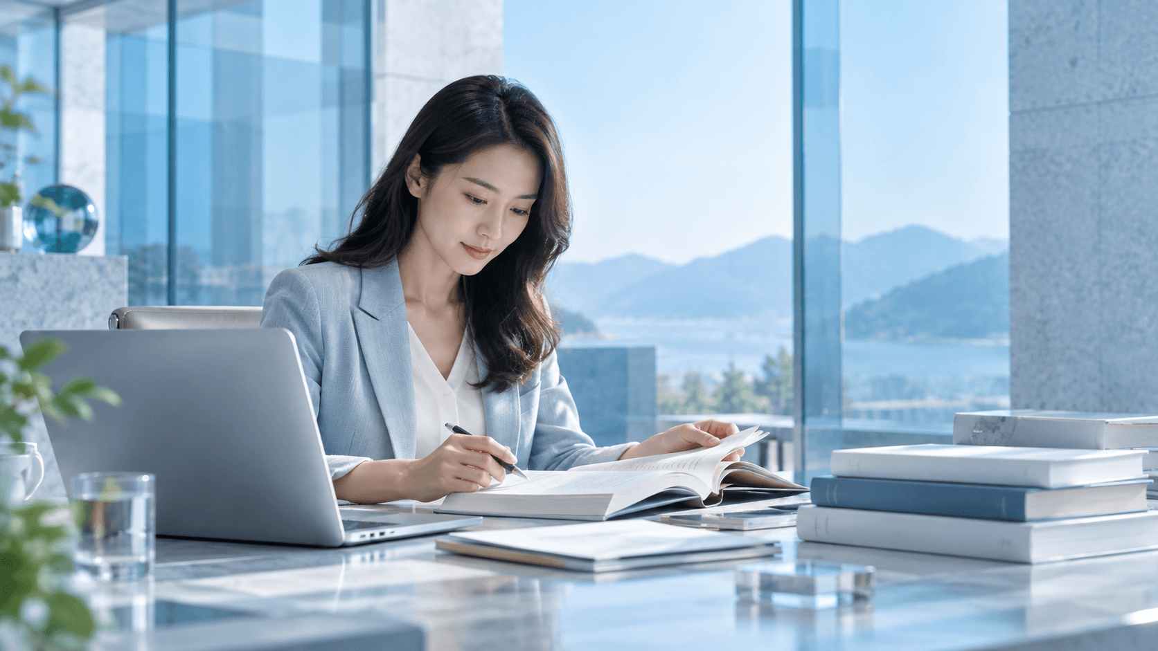 Illustration: a marketer stares at a blank page beside a tall stack of delivered reports; a small robot shrugs.
