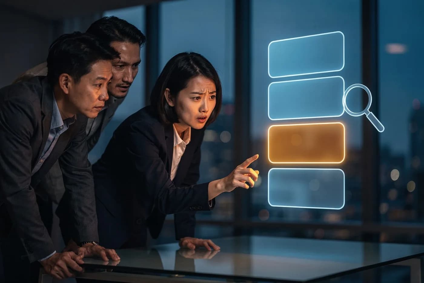示意圖:一人站在瞭望台用望遠鏡看向遠方發光的 AI 答案視窗,四張答案卡中一張亮起琥珀色;機器人在旁以雷達天線持續掃描。