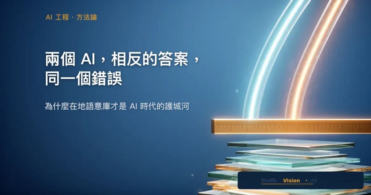 在地語意庫封面:兩條互不對齊的光導管收斂到一把金色校準基準尺,下方玻璃層逐層堆疊,鋼藍與金色調,ProfitVision LAB AI 工程系列