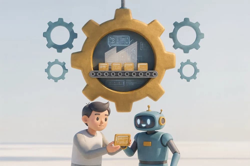 Illustration: a large amber gear glows with a factory silhouette at its center, a small conveyor carrying glowing knowledge blocks out; a person and a robot at its base inspecting one block together.