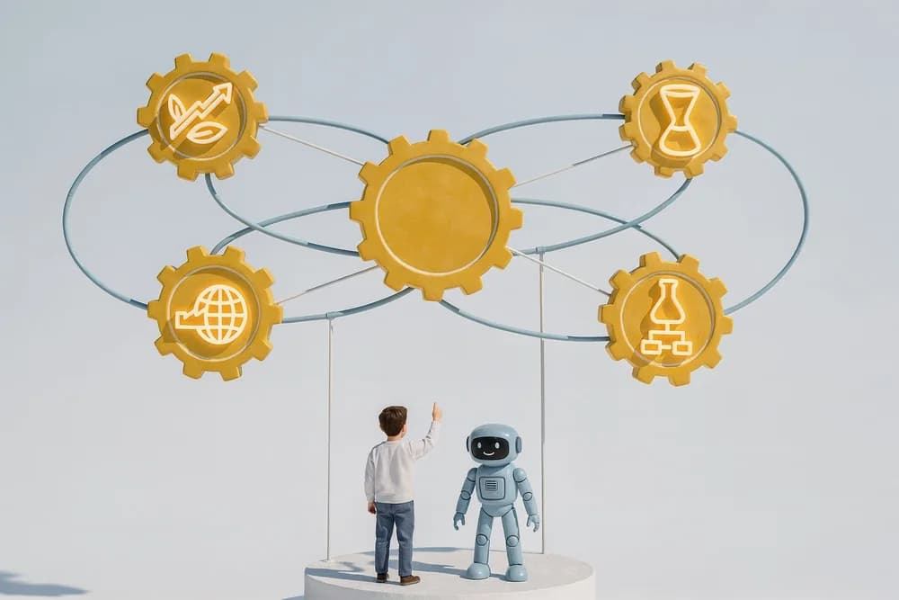 Illustration: six gear-shaped orbs with distinct outline symbols orbit one amber core, light trails linking each back to the center; below, a person points upward beside a robot.