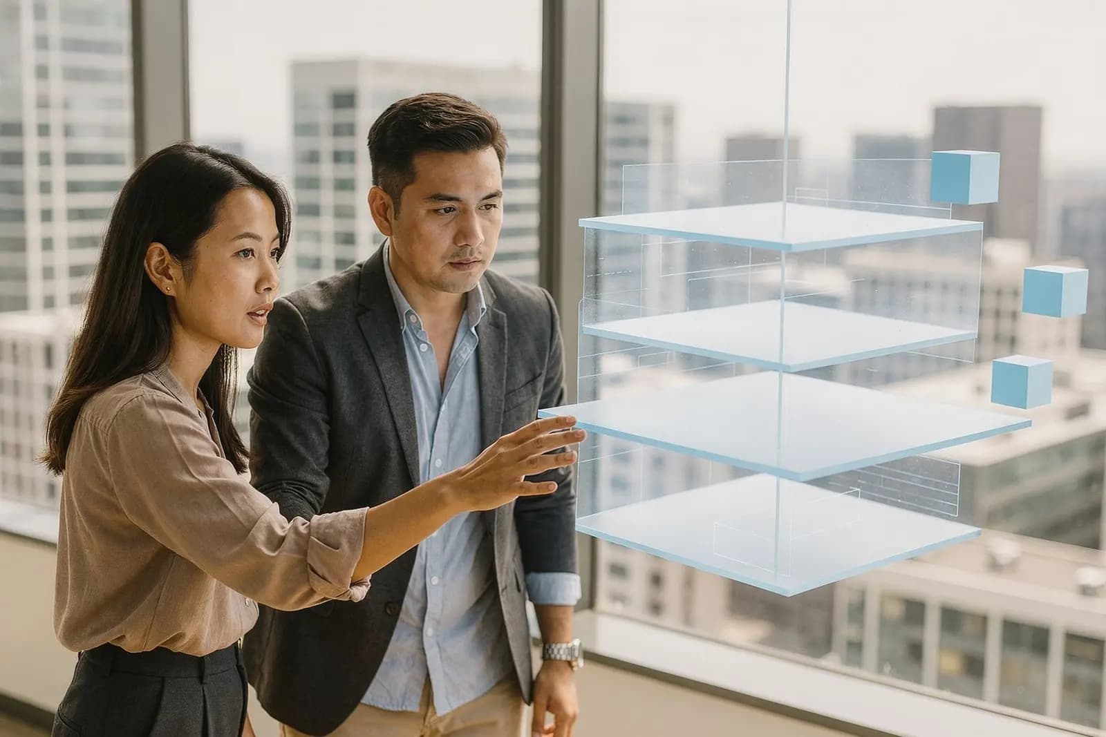 In a night office, two engineers examine a floating hologram: translucent glass slabs stacked vertically with one amber light beam running through every layer, plug-in module cubes hovering at the side — a layered, modular platform.